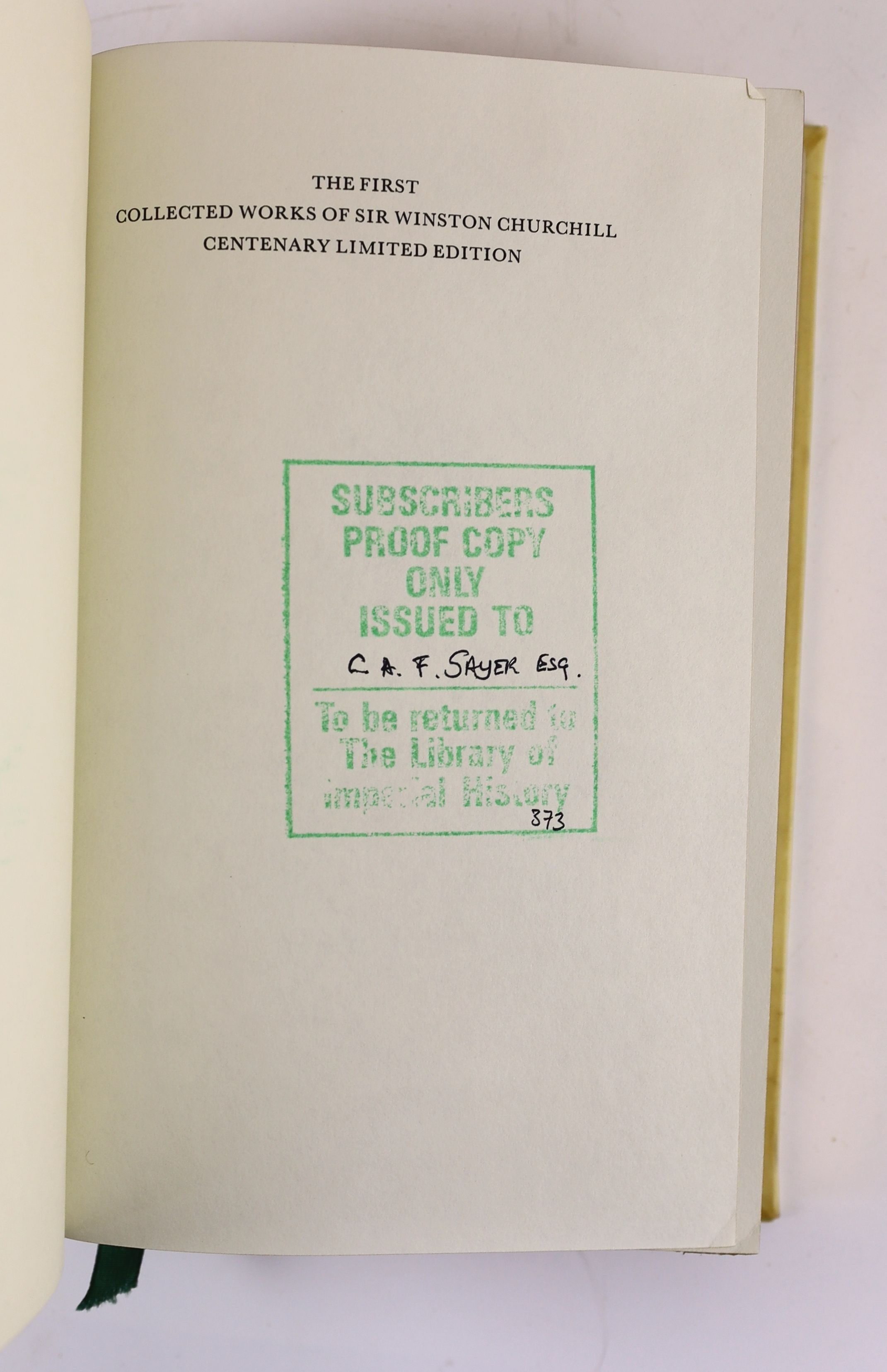 Churchill, Winston Spencer (1874-1965). The Collected Works ... Centenary Edition. London: Library of Imperial History, 1973-1975. Limited edition, number 373. The centenary edition was to be published with a limitation